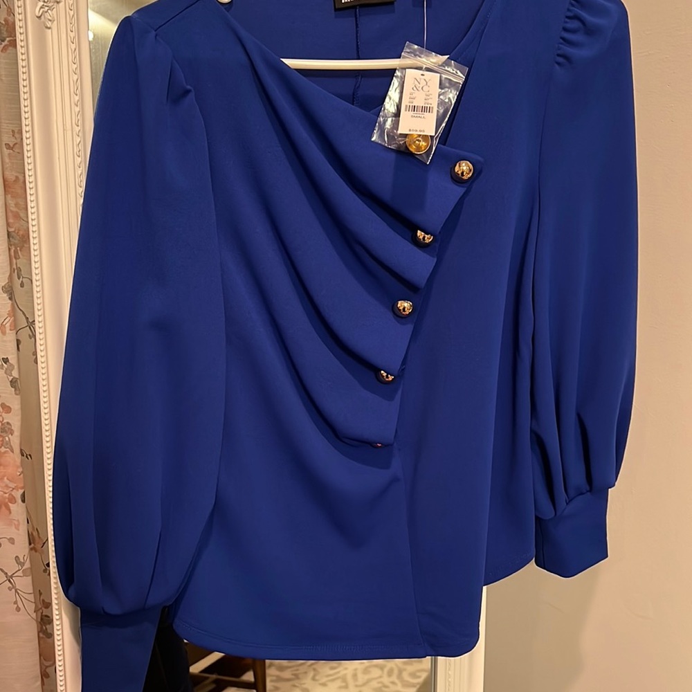 New York and Company small blue long sleeve shirt with gold buttons